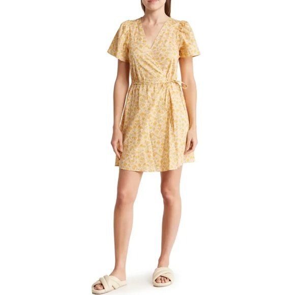 Madewell: Yellow Floral Short Sleeve Cotton Wrap Dress (NWT) - Picture 1 of 5